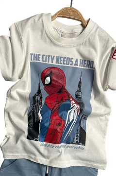 Erkek Çocuk Örümcek Adam Karakter ve Yazı Baskılı T-shirt İp Detaylı Mavi Şortlu Takım