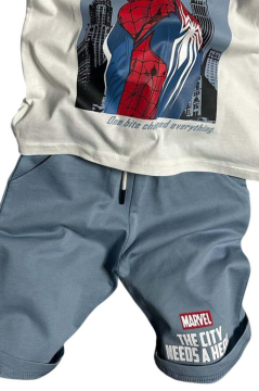 Erkek Çocuk Örümcek Adam Karakter ve Yazı Baskılı T-shirt İp Detaylı Mavi Şortlu Takım