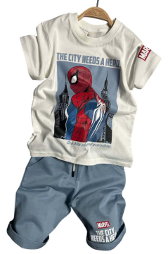Erkek Çocuk Örümcek Adam Karakter ve Yazı Baskılı T-shirt İp Detaylı Mavi Şortlu Takım