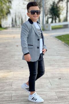 Erkek Çocuk Yazı Baskılı Tişört Cep Detaylı Kareli Blazer Ceket Siyah Jean Pantolon Alt Üst Takım