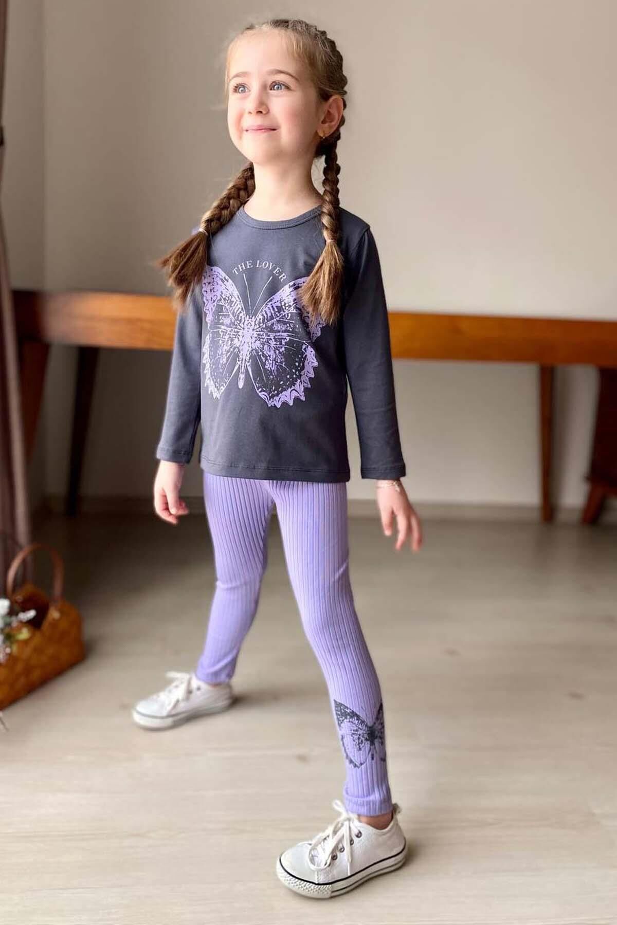 Kız Çocuk The Lover Yazı Baskılı Kazak Paçasında Kelebek Baskılı Fitilli Mor Taytlı Takım