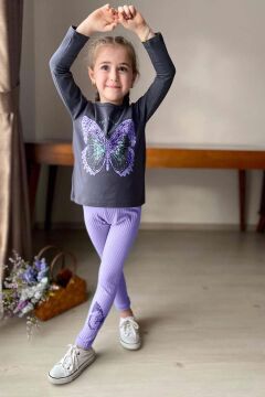 Kız Çocuk The Lover Yazı Baskılı Kazak Paçasında Kelebek Baskılı Fitilli Mor Taytlı Takım
