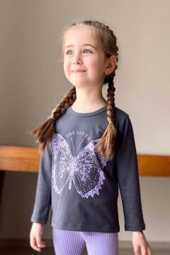 Kız Çocuk The Lover Yazı Baskılı Kazak Paçasında Kelebek Baskılı Fitilli Mor Taytlı Takım