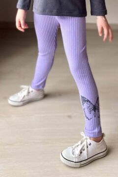 Kız Çocuk The Lover Yazı Baskılı Kazak Paçasında Kelebek Baskılı Fitilli Mor Taytlı Takım