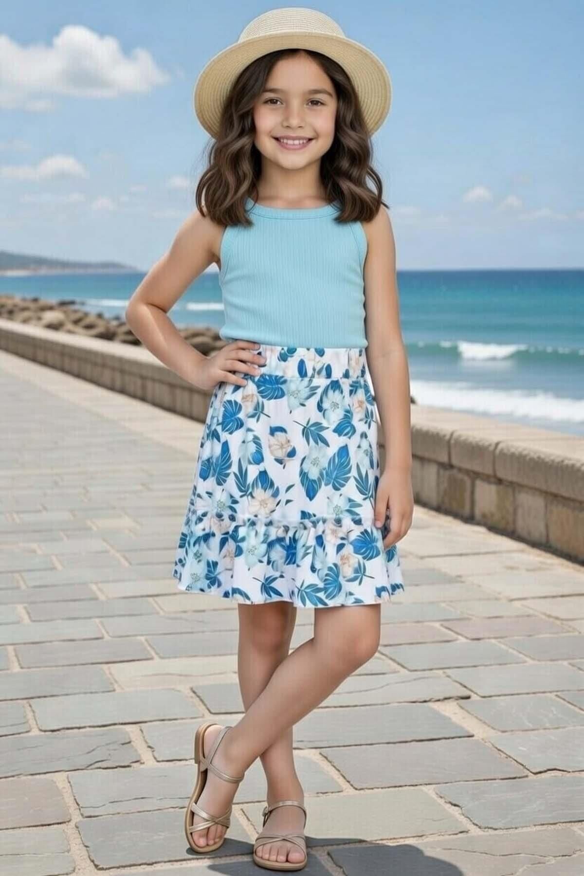 Kız Çocuk İp Askılı Kolsuz Kaşkorse Crop, Mavi Yaprak Baskılı Etekli Takım
