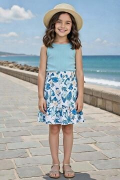 Kız Çocuk İp Askılı Kolsuz Kaşkorse Crop, Mavi Yaprak Baskılı Etekli Takım