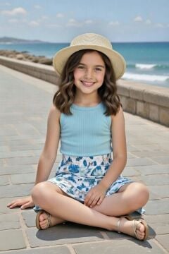 Kız Çocuk İp Askılı Kolsuz Kaşkorse Crop, Mavi Yaprak Baskılı Etekli Takım