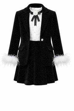 Kız Çocuk Palyaço Yaka Gömlek Kolları Tüylü Ceket Pliseli Üzeri Taş İşlemeli Siyah Etekli Takım