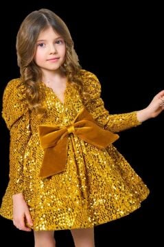 Kız Çocuk V Yaka Üzeri Pulpayet İşlemeli Eteği Kabarık Kadife Gold Abiye