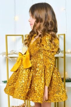 Kız Çocuk V Yaka Üzeri Pulpayet İşlemeli Eteği Kabarık Kadife Gold Abiye