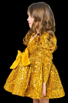 Kız Çocuk V Yaka Üzeri Pulpayet İşlemeli Eteği Kabarık Kadife Gold Abiye