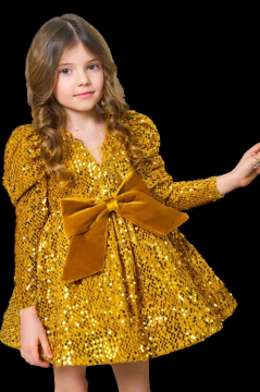 Kız Çocuk V Yaka Üzeri Pulpayet İşlemeli Eteği Kabarık Kadife Gold Abiye