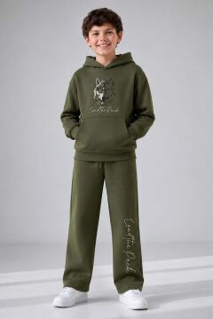Erkek Çocuk Önü ve Arkası Kurt Çizim Baskılı Kapüşonlu Sweatshirt Yeşil Eşofman Takım