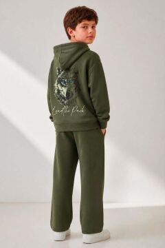 Erkek Çocuk Önü ve Arkası Kurt Çizim Baskılı Kapüşonlu Sweatshirt Yeşil Eşofman Takım