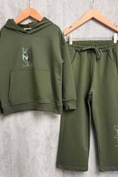 Erkek Çocuk Önü ve Arkası Kurt Çizim Baskılı Kapüşonlu Sweatshirt Yeşil Eşofman Takım