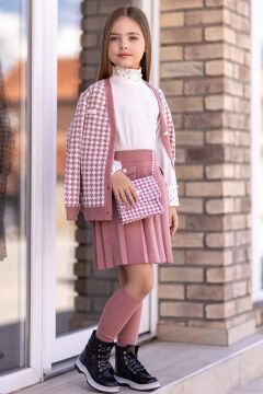 Kız Çocuk Kolları ve Yakası İnci Detaylı Bluz Kazayağı Desenli Triko Ceket Pembe Etekli Takım