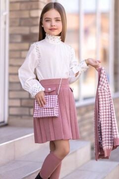 Kız Çocuk Kolları ve Yakası İnci Detaylı Bluz Kazayağı Desenli Triko Ceket Pembe Etekli Takım