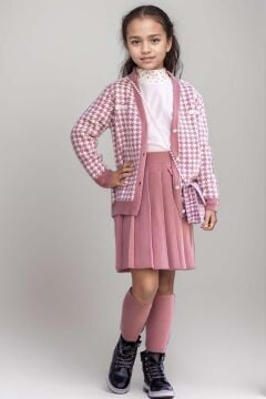 Kız Çocuk Kolları ve Yakası İnci Detaylı Bluz Kazayağı Desenli Triko Ceket Pembe Etekli Takım