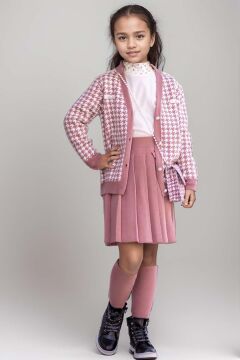 Kız Çocuk Kolları ve Yakası İnci Detaylı Bluz Kazayağı Desenli Triko Ceket Pembe Etekli Takım