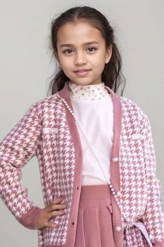 Kız Çocuk Kolları ve Yakası İnci Detaylı Bluz Kazayağı Desenli Triko Ceket Pembe Etekli Takım