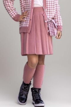 Kız Çocuk Kolları ve Yakası İnci Detaylı Bluz Kazayağı Desenli Triko Ceket Pembe Etekli Takım