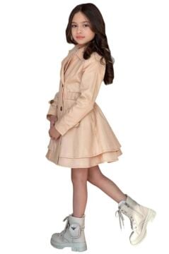 Kız Çocuk Çiçek Desenli Piliseli Bej Trençkotlu Elbise