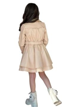 Kız Çocuk Çiçek Desenli Piliseli Bej Trençkotlu Elbise