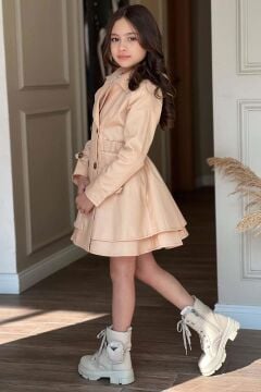 Kız Çocuk Çiçek Desenli Piliseli Bej Trençkotlu Elbise