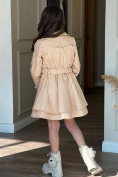 Kız Çocuk Çiçek Desenli Piliseli Bej Trençkotlu Elbise