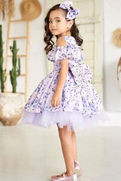 Kız Çocuk Omzu Açık Göğsü Fırfırlı Çiçek Detaylı Mor Abiye