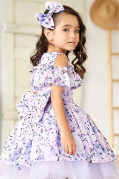Kız Çocuk Omzu Açık Göğsü Fırfırlı Çiçek Detaylı Mor Abiye