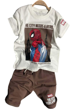 Erkek Çocuk Örümcek Adam Karakter ve Yazı Baskılı T-shirt İp Detaylı Kahverengi Şortlu Takım