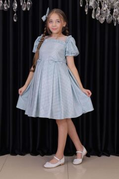 Kız Çocuk Kare Yaka Şeffaf Tüllü Omuzları Fırfırlı Beli Fiyonk Detaylı Üzeri Simli Mavi Abiye