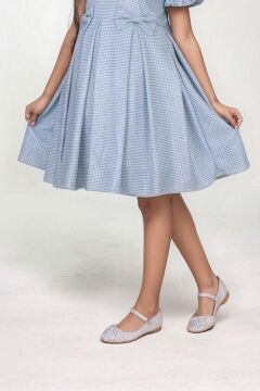 Kız Çocuk Kare Yaka Şeffaf Tüllü Omuzları Fırfırlı Beli Fiyonk Detaylı Üzeri Simli Mavi Abiye