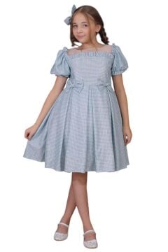 Kız Çocuk Kare Yaka Şeffaf Tüllü Omuzları Fırfırlı Beli Fiyonk Detaylı Üzeri Simli Mavi Abiye