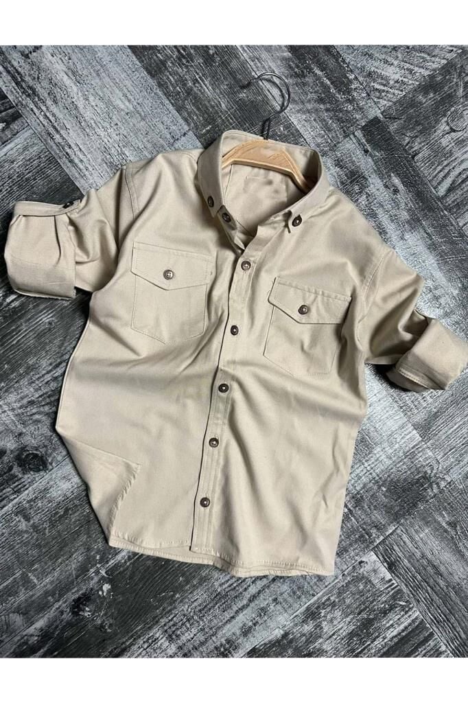 Erkek Çocuk Kolları Düğme Bağlama Detaylı Kapak Cepli Gabardin Bej Gömlek