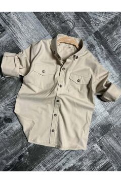 Erkek Çocuk Kolları Düğme Bağlama Detaylı Kapak Cepli Gabardin Bej Gömlek