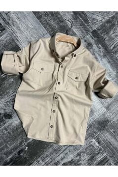 Erkek Çocuk Kolları Düğme Bağlama Detaylı Kapak Cepli Gabardin Bej Gömlek