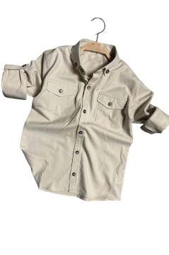 Erkek Çocuk Kolları Düğme Bağlama Detaylı Kapak Cepli Gabardin Bej Gömlek