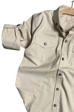 Erkek Çocuk Kolları Düğme Bağlama Detaylı Kapak Cepli Gabardin Bej Gömlek