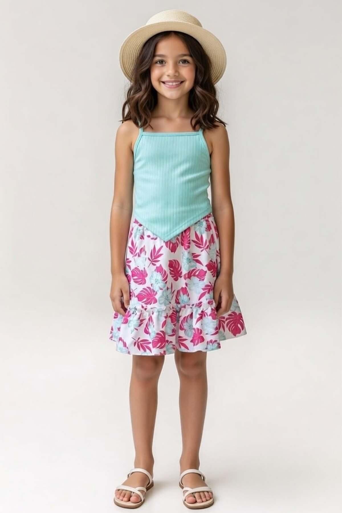 Kız Çocuk İp Askılı Kolsuz Kaşkorse Crop, Fuşya Yaprak Baskılı Etekli Takım