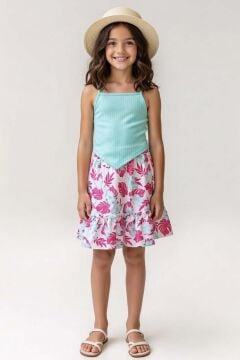 Kız Çocuk İp Askılı Kolsuz Kaşkorse Crop, Fuşya Yaprak Baskılı Etekli Takım