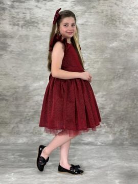 Kız Çocuk Omzu Fırfırlı Parıldayan Bordo Elbise