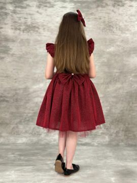 Kız Çocuk Omzu Fırfırlı Parıldayan Bordo Elbise