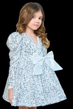 Kız Çocuk V Yaka Üzeri Pulpayet İşlemeli Eteği Kabarık Kadife Beyaz Abiye