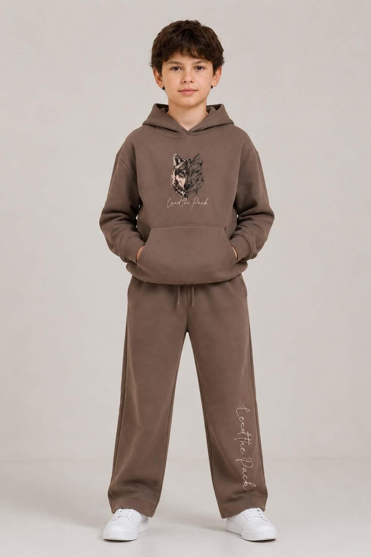 Erkek Çocuk Önü ve Arkası Kurt Çizim Baskılı Kapüşonlu Sweatshirt Kahverengi Eşofman Takım