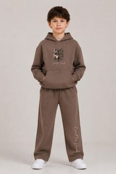 Erkek Çocuk Önü ve Arkası Kurt Çizim Baskılı Kapüşonlu Sweatshirt Kahverengi Eşofman Takım