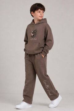Erkek Çocuk Önü ve Arkası Kurt Çizim Baskılı Kapüşonlu Sweatshirt Kahverengi Eşofman Takım