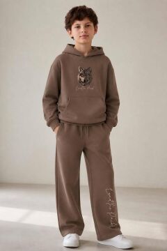Erkek Çocuk Önü ve Arkası Kurt Çizim Baskılı Kapüşonlu Sweatshirt Kahverengi Eşofman Takım