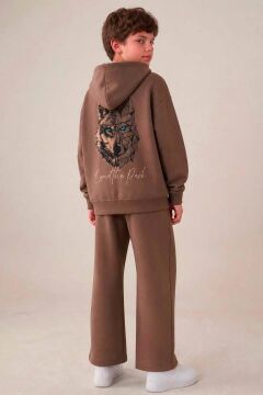 Erkek Çocuk Önü ve Arkası Kurt Çizim Baskılı Kapüşonlu Sweatshirt Kahverengi Eşofman Takım